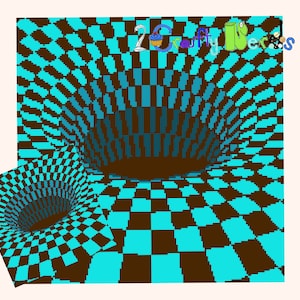 Puede incluir: Un patrón de cuadros negros y turquesa crea una ilusión óptica de un agujero que gira. El patrón se repite en una versión más pequeña en la esquina inferior izquierda de la imagen.