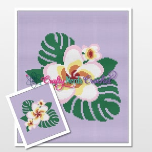 May include: A crochet pattern featuring a white flower with pink and yellow accents, surrounded by green leaves on a light purple background. The pattern is titled "Crafty Nerds Crochet".