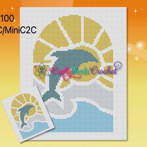 May include: A crochet pattern for a dolphin jumping out of the water with a sun behind it. The pattern is 80 stitches wide by 100 stitches tall and uses the C2C and Mini C2C crochet techniques.