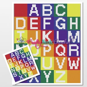 May include: A colorful crochet alphabet chart with the letters A through Z in white against a rainbow background.