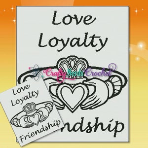 Op de afbeelding: Zwart-witte illustratie van een Keltische knoop met een hart in het midden. De woorden "Love Loyalty Friendship" staan rond de knoop.
