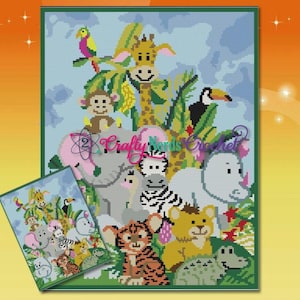 Könnte beinhalten: Ein farbenfrohes, pixeliges Bild einer Dschungelszene mit verschiedenen Tieren, darunter eine Giraffe, ein Affe, ein Tukan und ein Tiger. Das Kunstwerk ist grün umrahmt und enthält eine kleinere Version desselben Bildes.