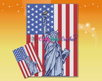 Statue of Liberty over Flag SC and TSS Written, American Graphgan Pattern, American Blanket Pattern, Statue of Liberty Crochet Pattern,
