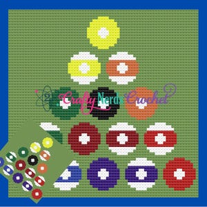 May include: A green crocheted pool table arrangement with 15 colorful billiard balls, including yellow, orange, red, green, black, and purple. A smaller chart of the balls is in the lower left corner. The text "Crafty Nerds Crochet" is in the center.
