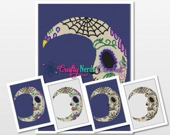 Sugar Skull Moon Pattern Graph With Single Crochet Written, Moon Graphgan, Moon Blanket, Moon Crochet Pattern, Moon Graph, Moon Pattern