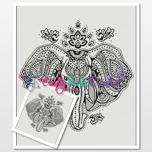 Pode incluir: Ilustração de arte de linha preta e branca de uma cabeça de elefante com padrões intrincados de paisley. O olho do elefante é um círculo grande com um círculo menor dentro.
