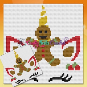 May include: A gingerbread man with a yellow horn, red candy cane arms, and green and red candy ornaments. The gingerbread man is a crochet pattern.