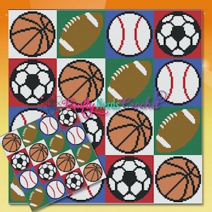 Op de afbeelding: Een kleurrijk haakpatroon met verschillende sportballen, waaronder basketbals, honkballen, voetballen en voetballen. Het patroon is gerangschikt in een raster met afwisselende kleuren.