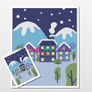 May include: A cross-stitch pattern featuring a winter village scene with snow-capped mountains, houses, and trees under a starry night sky. The image includes a smaller version of the pattern and the text "Crafty Nerds Crochet".