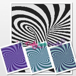 May include: Black and white optical illusion pattern with a swirling design. The pattern is repeated in three different color variations: purple, teal, and blue.