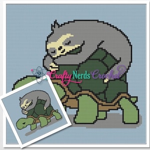 May include: A gray sloth with a beige face is sleeping on top of a green turtle. The turtle is walking on a light blue background.