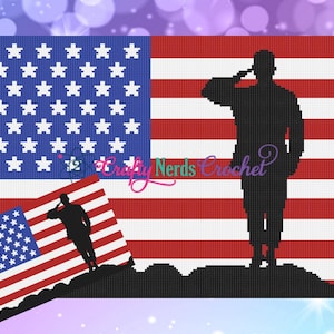 May include: A crochet pattern featuring the American flag with a saluting soldier silhouette. The flag design includes red and white stripes, a blue field with white stars, and a black silhouette. The text "Crafty Nerds Crochet" is also visible.