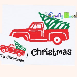 May include: Red pickup truck with a green Christmas tree in the bed. The truck is on a white background with the text "Merry Christmas" and "Christmas" written below.