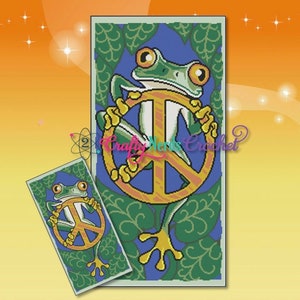 May include: A green frog holding a peace sign with a yellow and blue background. The frog is surrounded by green leaves.