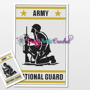 May include: A black and white silhouette of a soldier kneeling with a rifle. The image is surrounded by a gold border with the words "ARMY" and "NATIONAL GUARD" in white text.