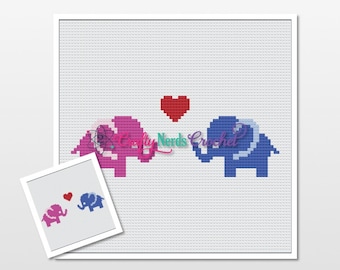 Elefantes con gráfico de patrón de corazón con crochet simple y mini C2C escrito, Graphgan de elefante, manta de elefante, patrón de crochet de elefante