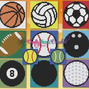 May include: A set of 10 colorful crochet squares featuring different sports balls, including a basketball, volleyball, soccer ball, football, baseball, bowling ball, billiard ball, and golf ball.