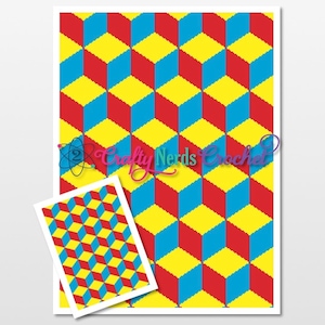 Könnte beinhalten: Ein Häkelmuster mit einem sich wiederholenden geometrischen Muster aus roten, blauen und gelben Würfeln. Das Muster wird in einem größeren und einem kleineren Format gezeigt.