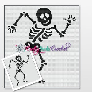 May include: Black and white pixel art pattern of a dancing skeleton. The skeleton is in a simple, cartoon style with a wide grin. The pattern is suitable for cross-stitch or other needlework projects.