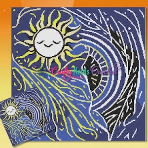 May include: A crochet pattern featuring a sun and moon with a starry night sky background. The pattern is in black, white, yellow, and blue.