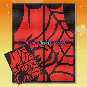 May include: A black and red crochet pattern featuring a spider web with a spider in the centre. The pattern is designed for a square-shaped project.