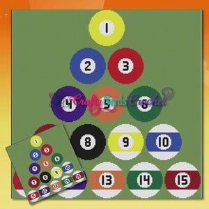 May include: A pixelated image of a pool ball arrangement on a green background. The balls are numbered 1 through 15, with a small card showing the same arrangement. The image has a gradient orange and yellow background.