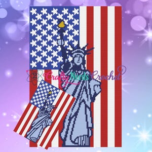 May include: A crochet pattern featuring the Statue of Liberty standing in front of an American flag. The pattern is in blue, white, and red.