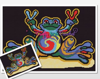 Gráfico de patrón de rana colorida con un solo crochet escrito, Graphgan de rana, manta de rana, patrón de ganchillo de rana, patrón de rana, rana colorida