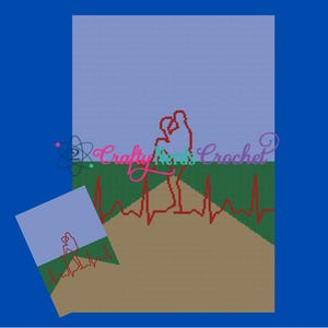 Op de afbeelding: Een haakpatroon met een stel dat op een pad staat met een hartslagontwerp. Het patroon is getiteld "Crafty Nerds Crochet".