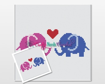 Elefantes con gráfico de patrón de corazón con crochet simple y mini C2C escrito, Graphgan de elefante, manta de elefante, patrón de crochet de elefante