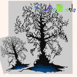 Puede incluir: Dos árboles negros en silueta con ramas desnudas, uno más grande que el otro, de pie frente a un reflejo de agua azul. Los árboles están sobre un fondo gris claro.