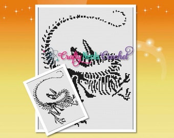 May include: Black and white pixel art pattern of a dinosaur skeleton. The dinosaur is in a curled position with its tail curled around its body. The pattern is suitable for cross stitch or other needlework projects.