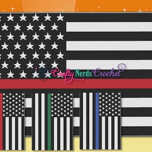 May include: A crochet pattern for an American flag with a thin red, green, or blue stripe down the side. The pattern is for a thin red line, thin green line, and thin blue line flags.