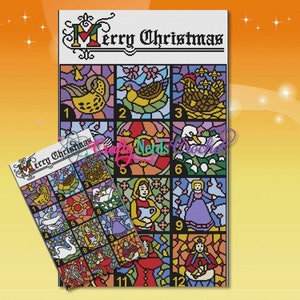May include: A colourful stained glass style advent calendar with 12 numbered squares. Each square features a different Christmas scene, including birds, angels, and a nativity scene. The calendar is titled "Merry Christmas".