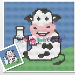 May include: A crochet pattern featuring a black and white cow with a pink nose and a milk bottle. The cow is sitting on a green patch of grass with a blue sky in the background. The pattern is from Crafty Nerds Crochet.