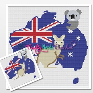 カンガルーとコアラの模様のグラフとミニ C2C が書かれたオーストラリア国旗、オーストラリア グラフガン、オーストラリア ブランケット、オーストラリア かぎ針編みの模様