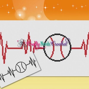 Op de afbeelding: Een rode en witte baseball met zwarte naden in een rode hartslaglijn. De hartslaglijn is rood op een witte achtergrond.