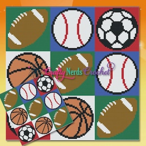 Op de afbeelding: Een haakpatroon met een kleurrijk raster van negen vierkanten, elk met een andere sportbal: een American football, een honkbal, een voetbal, een basketbal en een combinatie van deze. Het patroon is getiteld "Crafty Nerds Crochet".