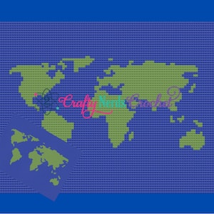 Könnte beinhalten: Eine pixelige Weltkarte in Grün und Blau. Die Landmassen sind grün und die Ozeane blau. Eine kleinere, abgewinkelte Karte befindet sich in der unteren linken Ecke. Der Text "Crafty Nerds Crochet" befindet sich in der Mitte des Bildes.
