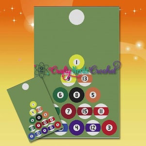 May include: A green background features a crochet design of a pool rack with numbered billiard balls. The numbers on the balls are visible. A smaller version of the design is also present. The text "Crafty Nerds Crochet" is visible.