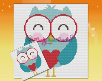 Sowa z wykresem serca z SC i MiniC2C Written, Owl Graphgan, koc sowy, wzór szydełkowy sowy, wzór sowy, zwierzę leśne