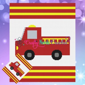 May include: A red fire truck with yellow stripes and black wheels on a white background with red and yellow stripes. The fire truck has a ladder on the back and a light on top. The image is a crochet pattern.