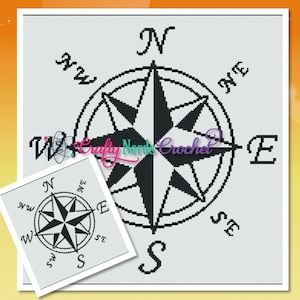 Compass Rose Pattern Graph With Single Crochet SC Written, Compass Graphgan, Compass Blanket, Compass Crochet Pattern, Compass