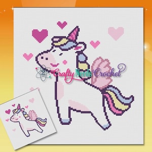 May include: A pixelated illustration of a unicorn with a rainbow mane and tail. The unicorn is surrounded by pink hearts. The image is in a white square frame.