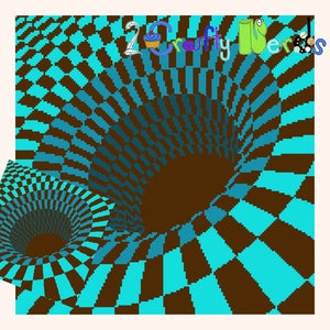 Puede incluir: Arte digital abstracto con un patrón de cuadros negros y turquesa que gira creando un efecto de vórtice.