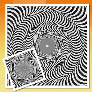 May include: A black and white optical illusion with a swirling pattern. The center of the pattern is a gray circle.