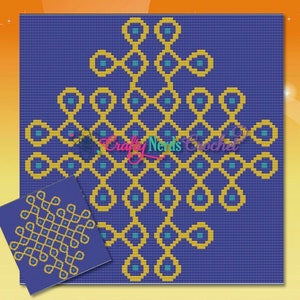 May include: A crochet pattern featuring a geometric design with yellow circles on a purple background. The pattern is called "Crafty Nerds Crochet".