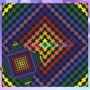 May include: A colorful crochet pattern with a rainbow color scheme. The pattern is made up of a series of zigzags that create a diamond shape in the center. The background is black.