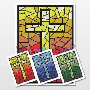 May include: A stained glass cross pattern in yellow, orange, and red colors. Three smaller versions of the cross are shown in red, blue, and green.