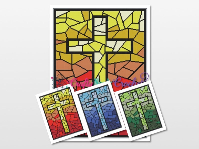 May include: A stained glass cross pattern in yellow, orange, and red colors. Three smaller versions of the cross are shown in red, blue, and green.